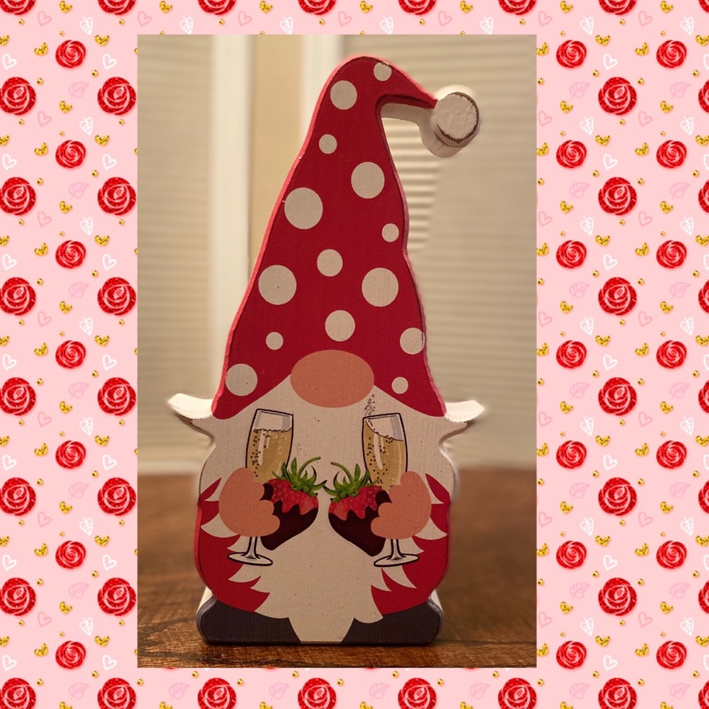 Valentine's Day Gnome Wood Sign, Gnome With Champagne & Chocolate Strawberries